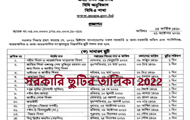 সরকারি ছুটির তালিকা 2022-23